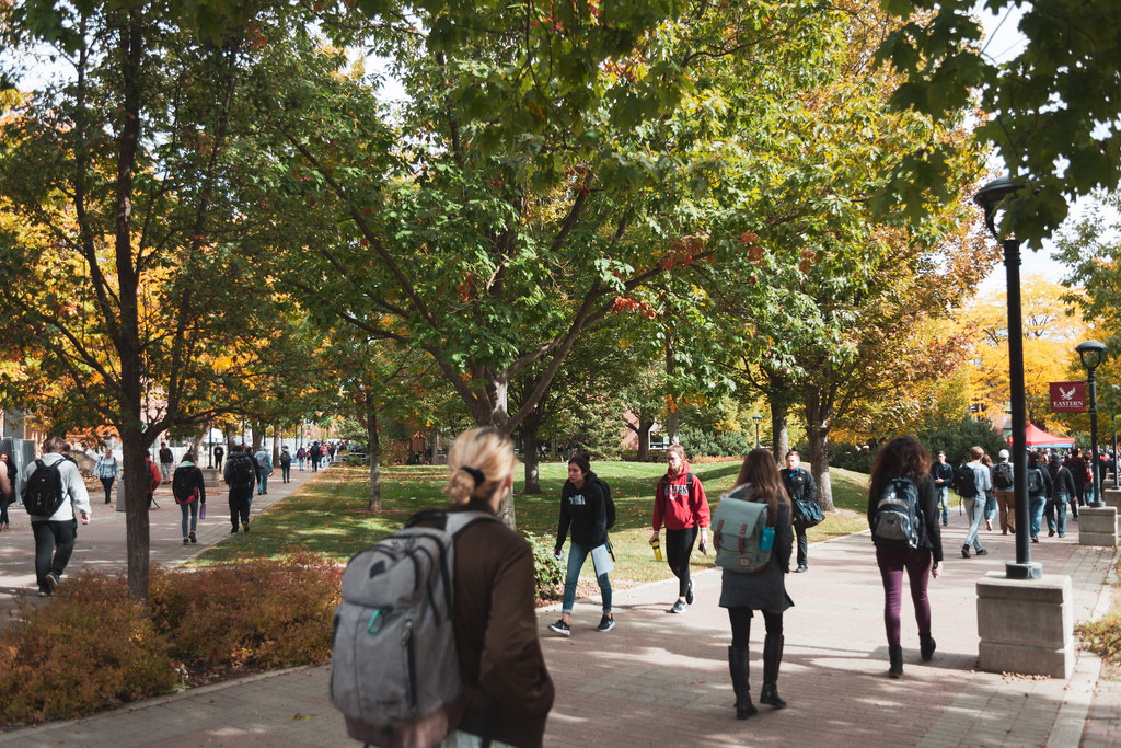 Students crossing campus