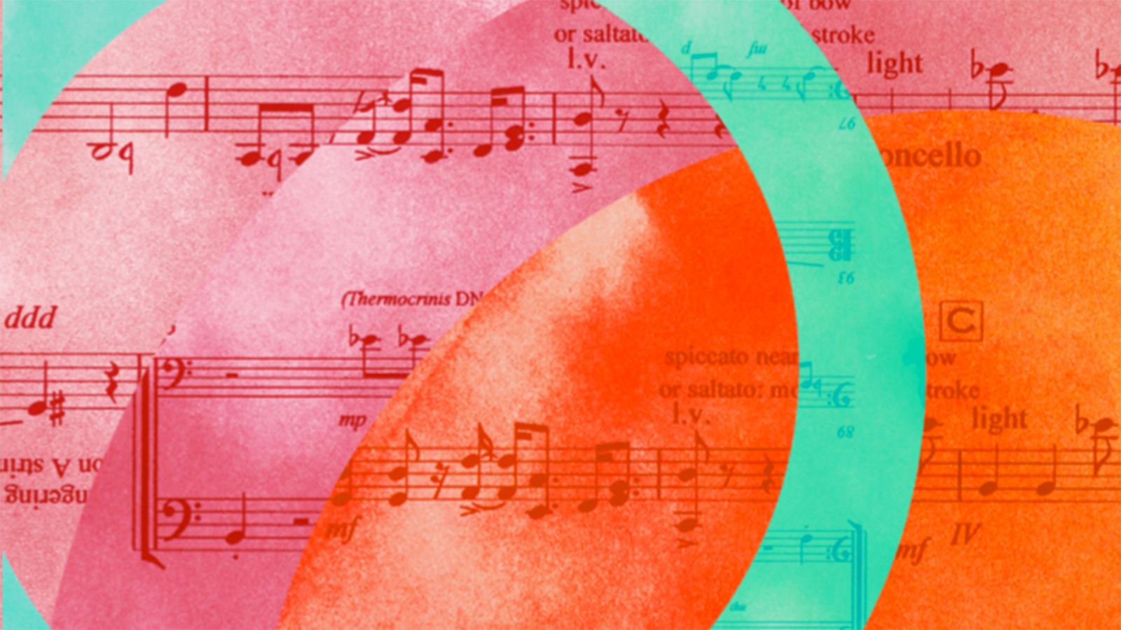 Abstract collage of colors and written music