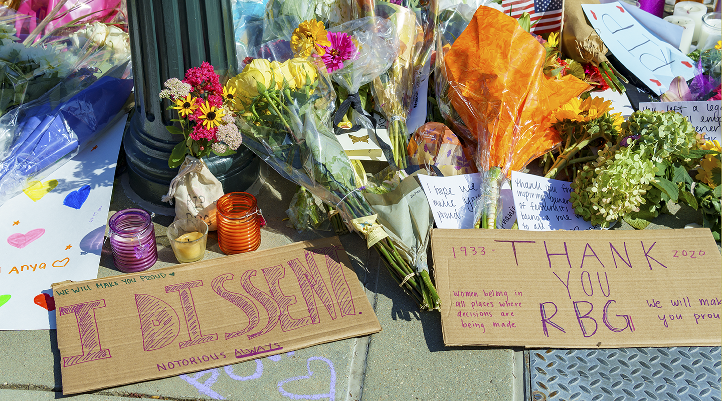 Ruth Bader Ginsburg Memorial Signs and Flowers