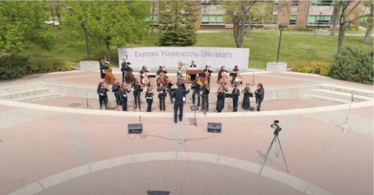 EWU Music students perform in campus mall area.
