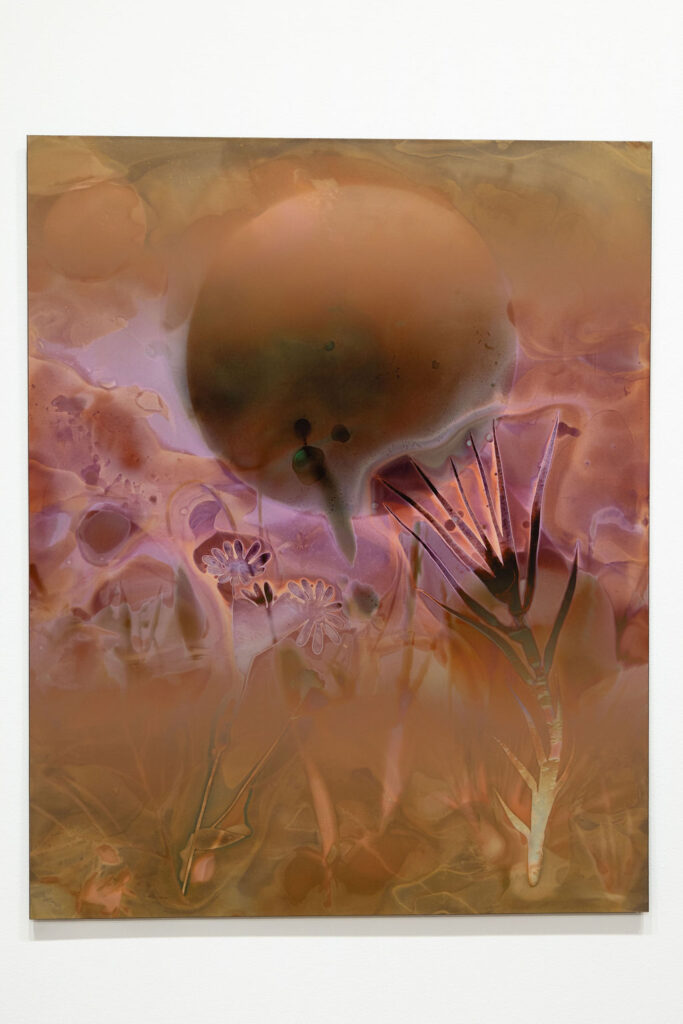 Similar surreal artwork showing the same mushroom-like form and pink vegetation.