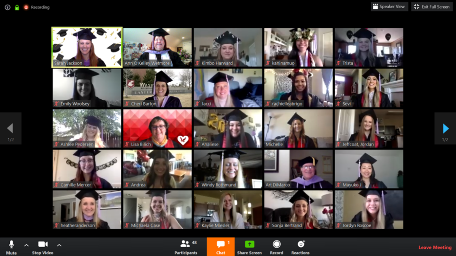 Screenshot of graduates using a Zoom call