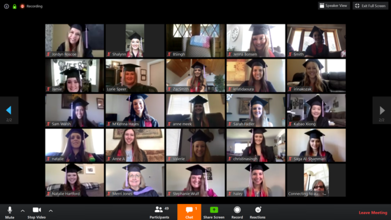 Screenshot of graduates using a Zoom call