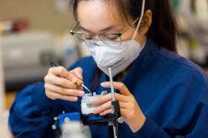An EWU dental hygiene student practices her technique on a mouth mold