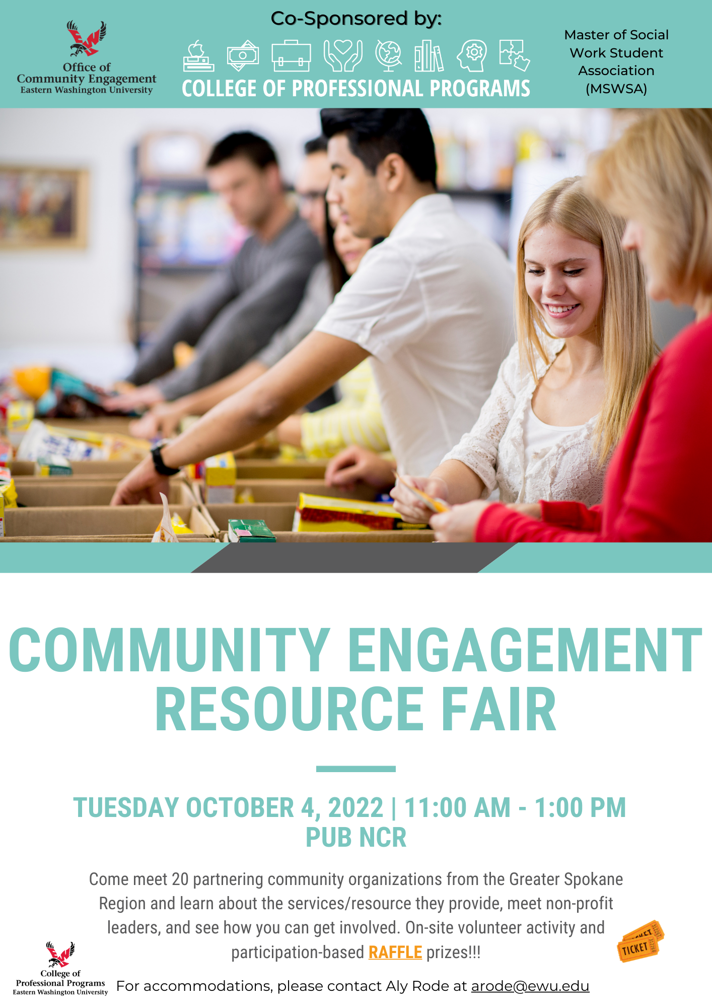 A community engagement fair is occuring on Tuesday October 4th from 11:00 am to 1:00 pm in the PUB NCR (Cheney campus). Co-sponsored by the College of Professional Programs, the Office of Community Engagement, and the Master of Social Work Student Association, this is a great opportunity for students to learn from area service providers about what they do and how students can help by volunteering their time.