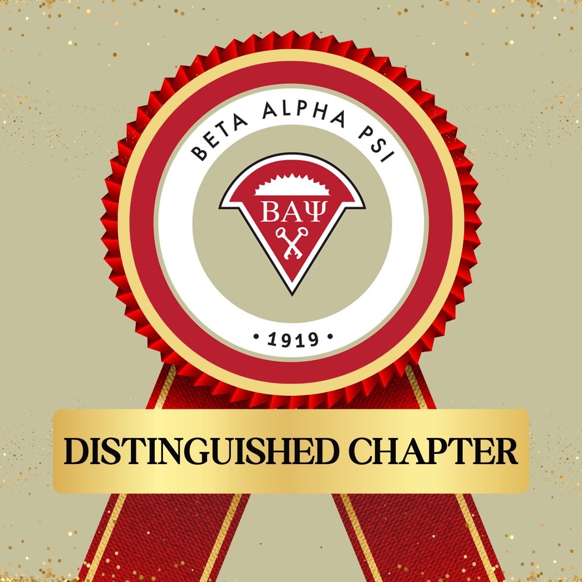 Displays an image of a ribbon with the Beta Alpha Psi logo and text that reads "Distinguished Chapter"