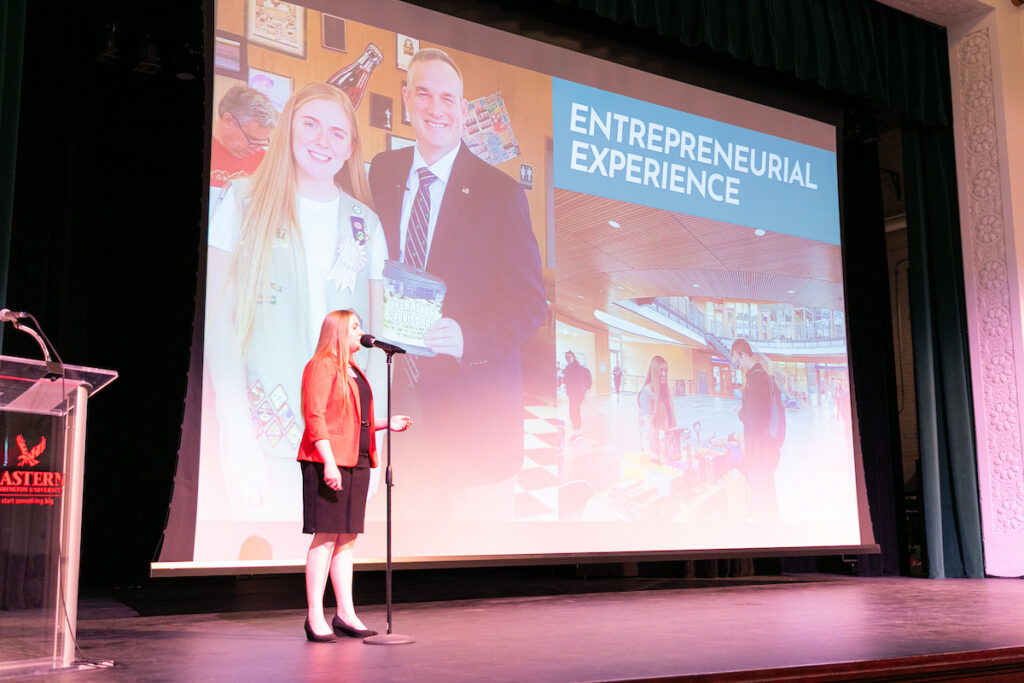 A student presents her business idea at the Eagle Pitch Competition