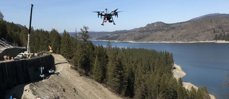 Geo drone flying over rockspill