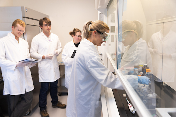 Chemistry students watch a demonstration in the lab