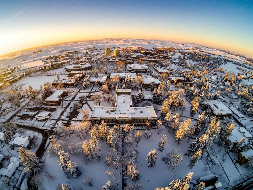 Panoramic view of campus on a snowy afternoon