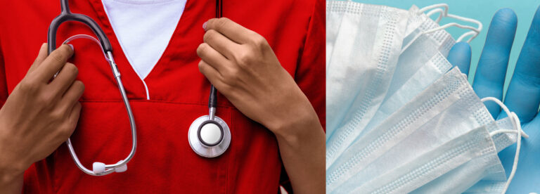 Nurse with stethoscope in red scrubs