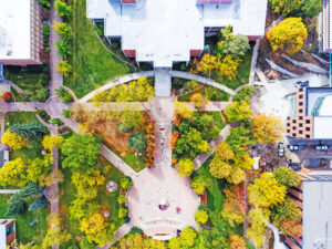 Drone photo of the EWU campus in the fall