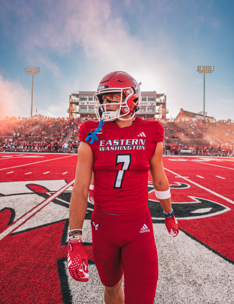 Efton Chism posing center field on the EWU red turf.
