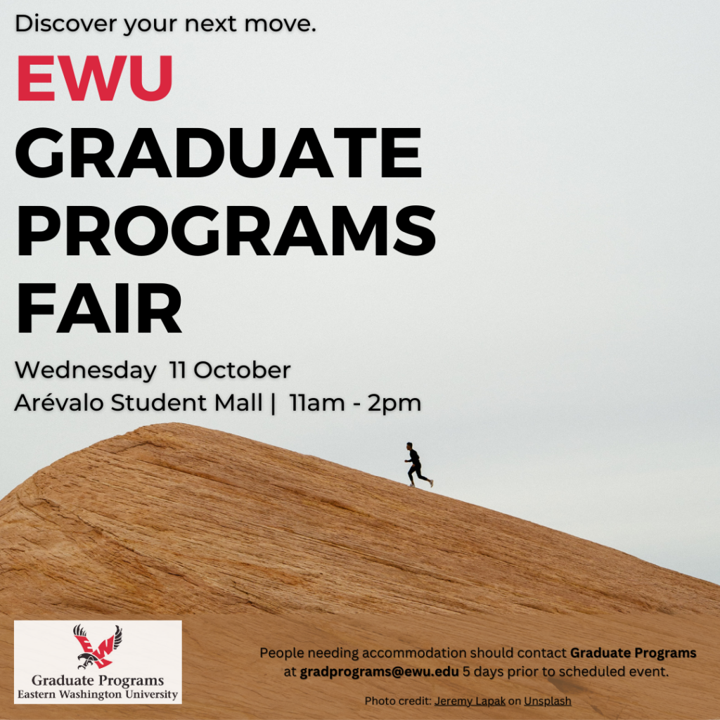 Person running up a hill under an announcement for the "Graduate Programs Fair"