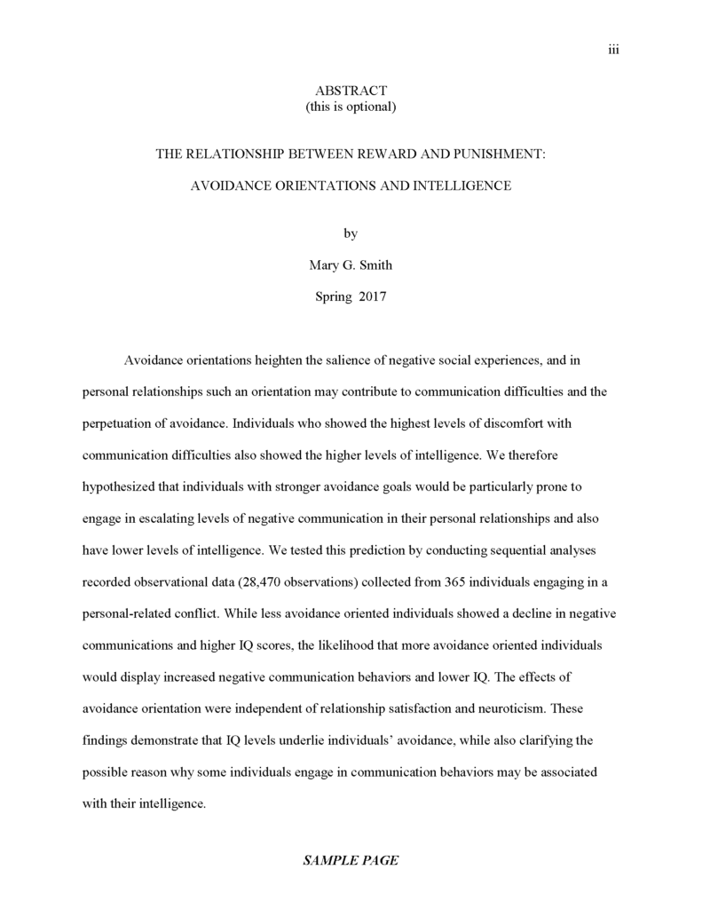 Sample thesis abstract page. Top right header: iii. Title: ABSTRACT (this is optional), followed by the thesis title, "by Mary G. Smith," and "Spring 2017." Below the header is a sample paragraph of abstract text regarding avoidance orientations and intelligence. Footer: SAMPLE PAGE.