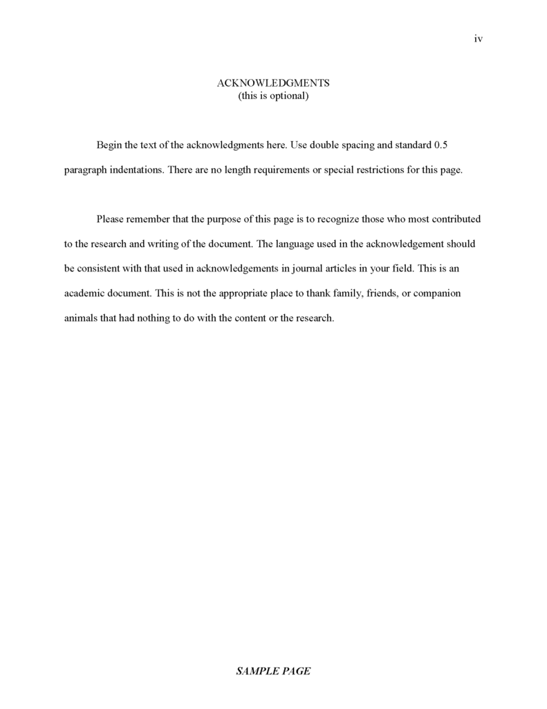 Sample Acknowledgments page. Top right header: iv. Title: ACKNOWLEDGMENTS (this is optional). The page contains instructional text stating that the acknowledgments should be double-spaced with 0.5-inch indentations and should focus on academic contributors rather than personal thanks to friends or pets. Footer: SAMPLE PAGE.