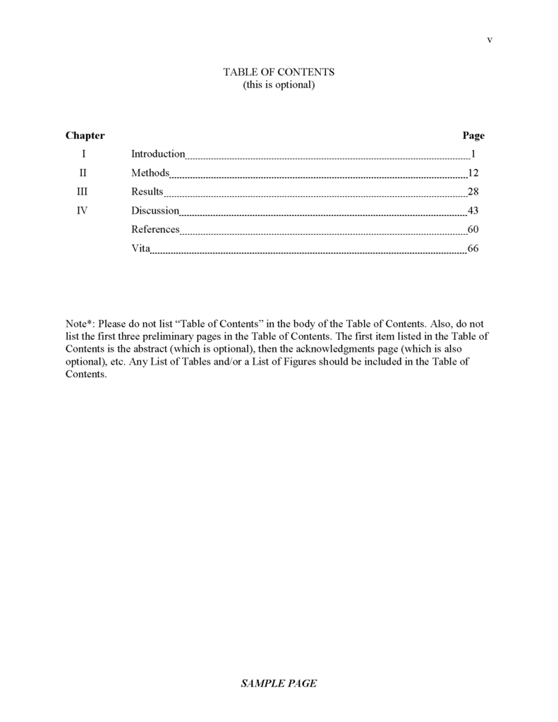 Sample Table of Contents page. Top right header: v. Title: TABLE OF CONTENTS (this is optional). A table displays Chapters I through IV (Introduction, Methods, Results, Discussion), plus References and Vita, with corresponding page numbers. A bottom note provides formatting rules regarding preliminary pages and the inclusion of lists for tables or figures. Footer: SAMPLE PAGE.