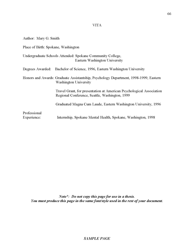 Sample Vita page. Top right header: 66. Title: VITA. The page lists biographical and professional details for Mary G. Smith, including place of birth, schools attended, degrees awarded, honors, and professional experience. Bottom note: Do not copy this page; produce in the same font/style as your document. Footer: SAMPLE PAGE.