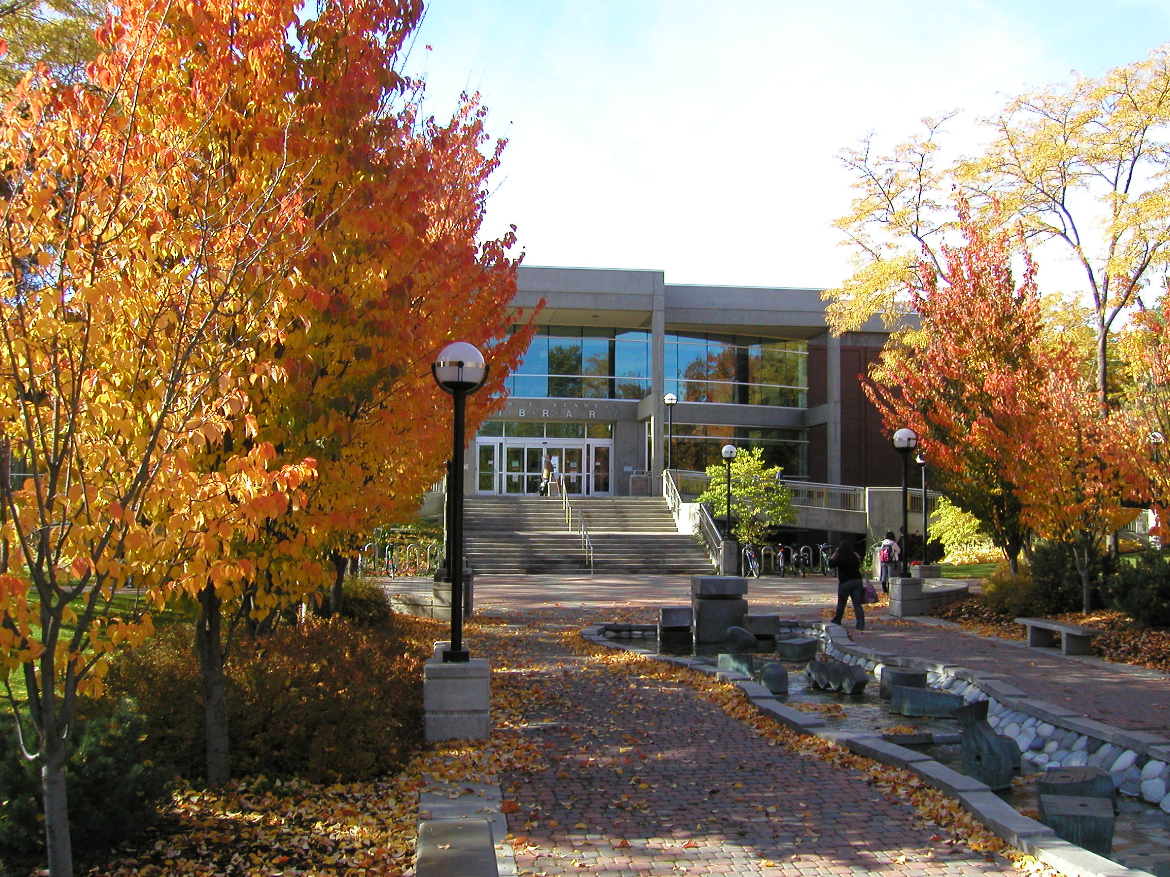 Facade of the library with fall leaves
