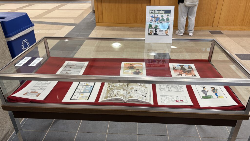 Photo of one of the display cases in the Veterans Day display at JFK Library