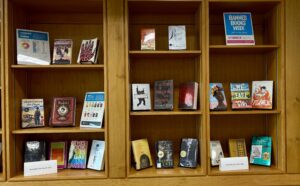 Banned Books display in the DEI Resources area in JFK Library