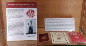 photo of materials on display in the Jess Walter Cold Millions exhibit, relating to the IWW and Spokane