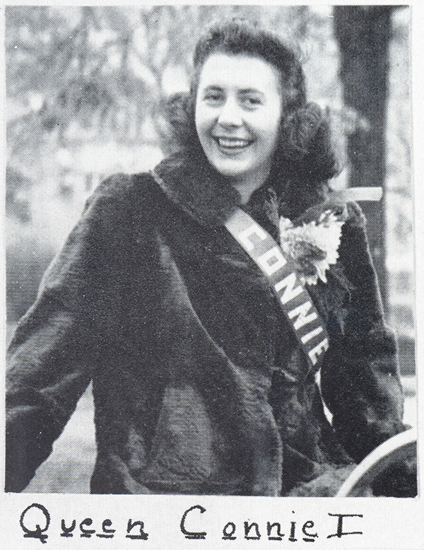 Portrait of Connie Frank on her float outside