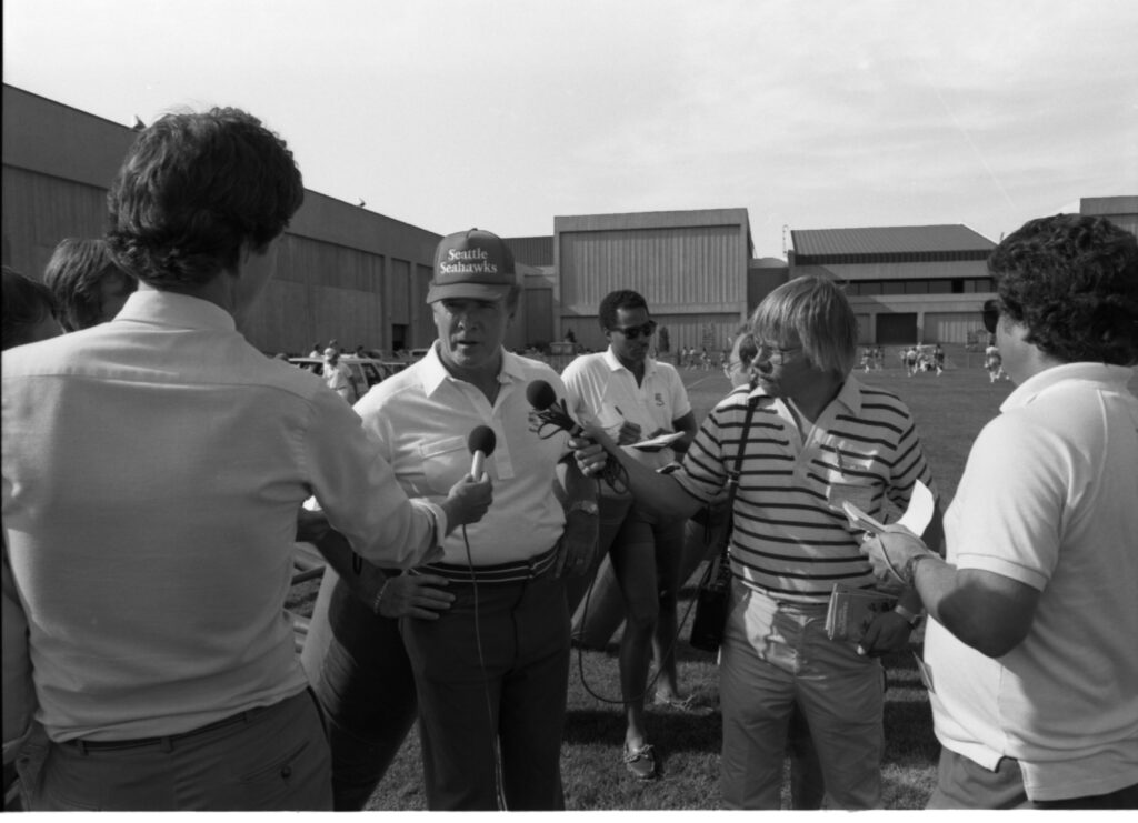 Head coach Chuck Knox with the Seattle Seahawks at EWU in Cheney