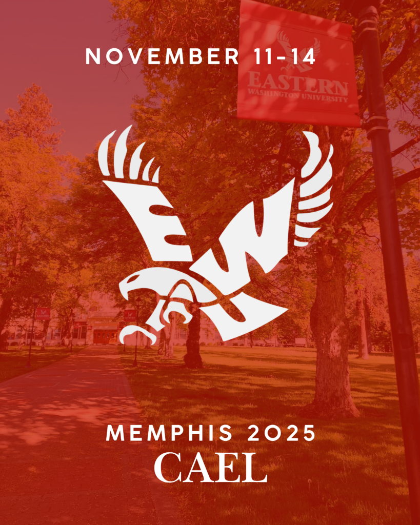 Red background with white ewu logo and the words, "Memphis 2025 CAEL"
