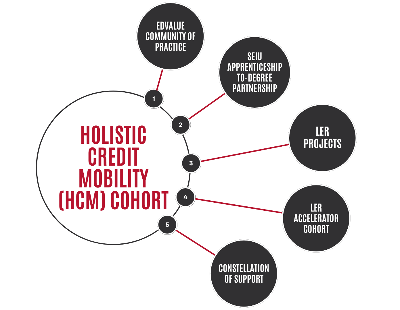 Circle Graph with main circle words "holistic credit mobility cohort" and connecting words, "SEIU Apprenticeship to degree partnership", "LER Projects", "LER Accelerator Cohort, "Constellation of Support".