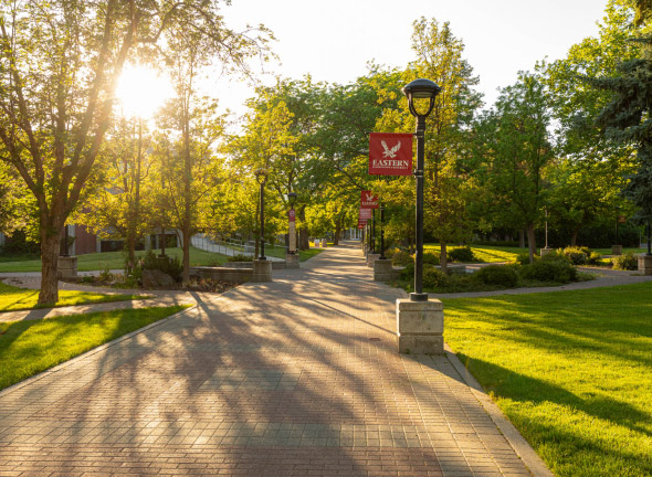 campus walkway at sunset