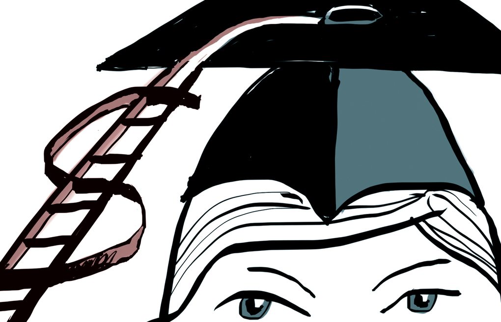 Drawing of a ladder bisected by a money symbol that leads to a grad cap