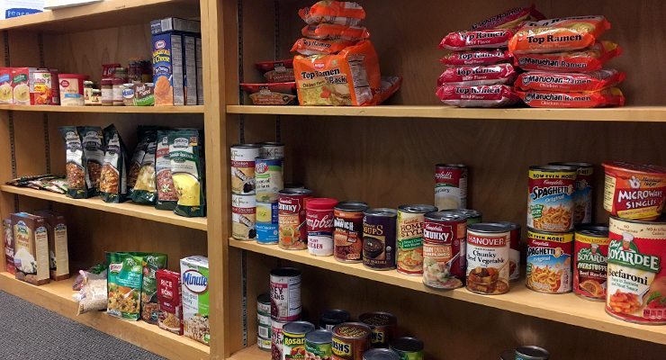Shelves in the food pantry filled with dried goods