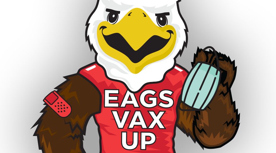 A graphic of Eagle mascot "Swoop" with a bandage on his arm