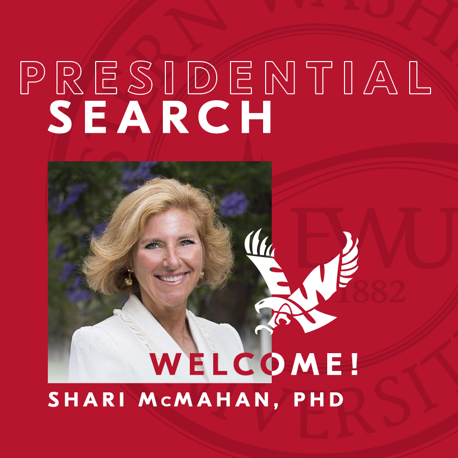 Image of Shari McMahan with text: "Presidential Search - Welcome, Shari McMahan, PhD"