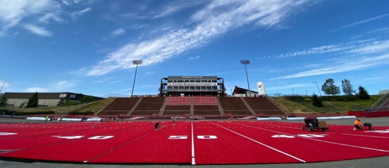 EWU football field with new red turf installed