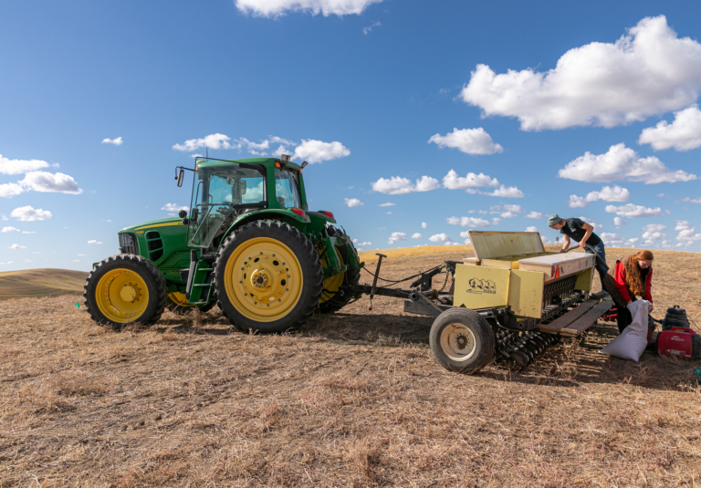 Tractor with students loading the seeds for drill seeding.