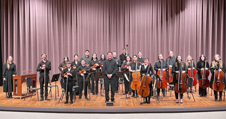 EWU String Orchestra, pictures with instruments on stage.