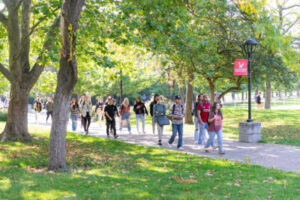 Students walking on the Cheney campus in the spring.