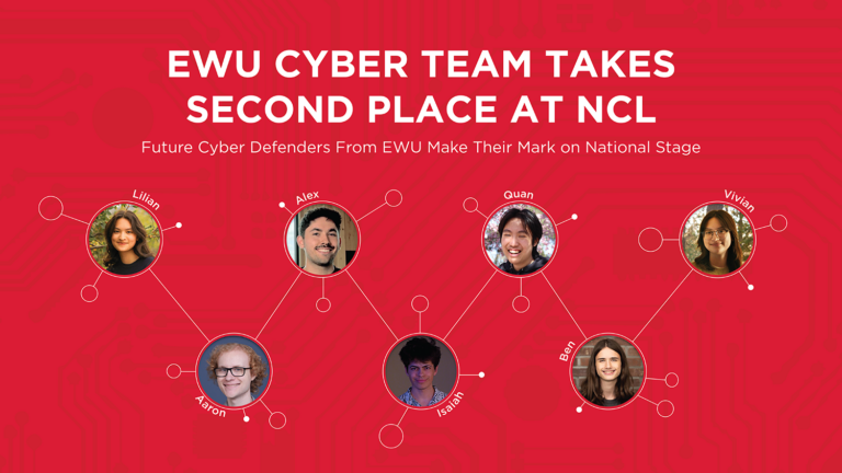 Faces of students on the cyber team in a graphic.