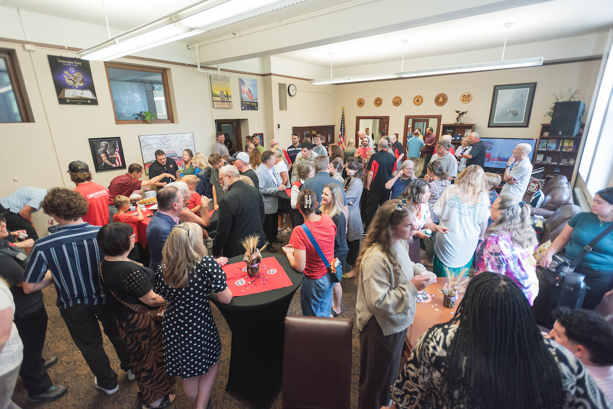 Picture looking down at the room full of attendees.