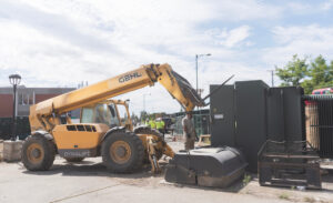 Picture of a yellow forklift.
