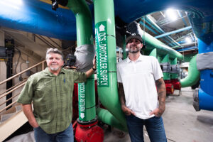 Steve Schmedding (left), EWU’s facilities engineer and senior project manager, and Matt Deppa, chief engineer at the Rozell Plant