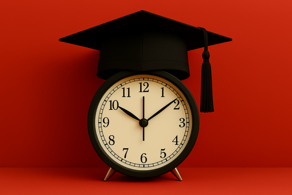 Graphic of a clock wearing a graduation cap.