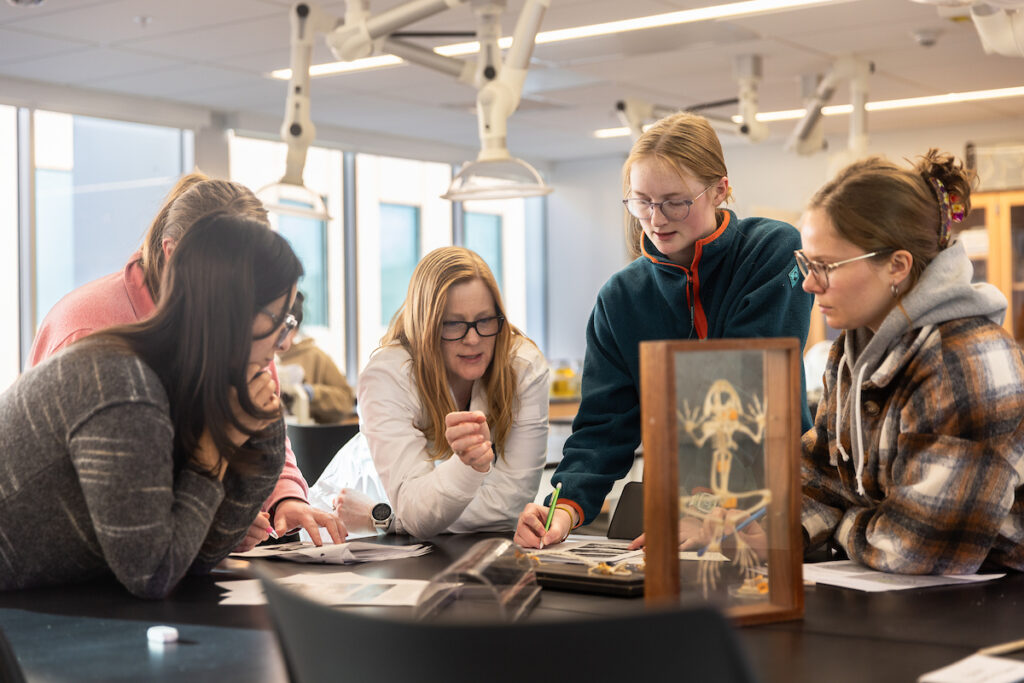A biology professor works with a group students