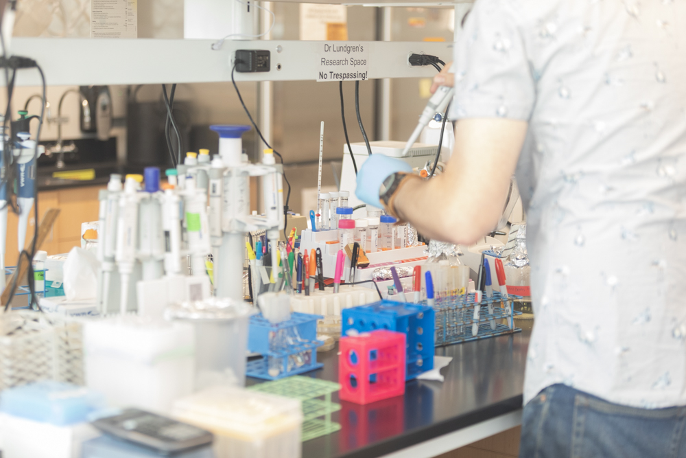 Table with tubes and other research materials and a person's arm.