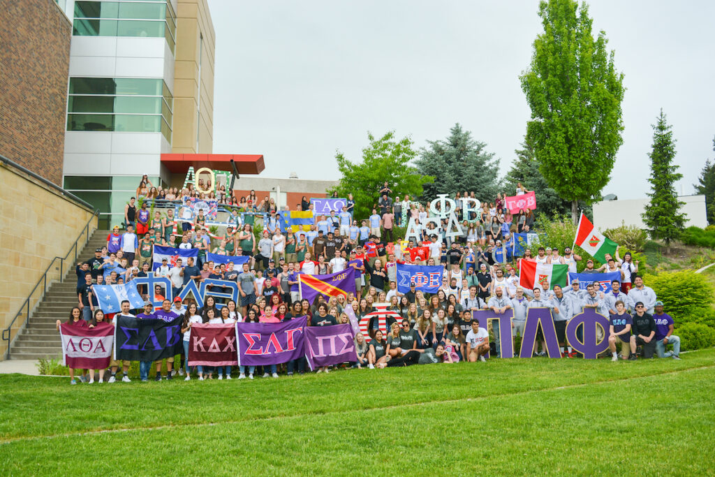 EWU fraternity and sorority group photo on campus