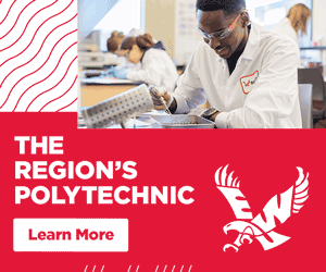 Rotating banner that says' the Region's Polytechnic with a photo of a biology student doing hands on learning.
