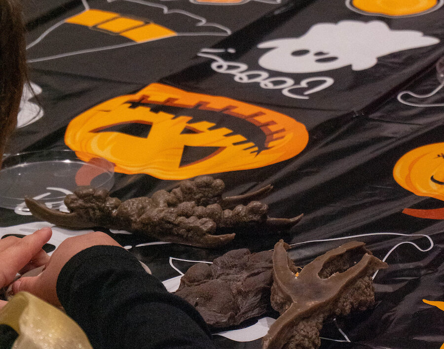Table with decorations and an arm showing.