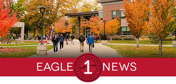 Eagle 1 logo with students walking on campus.
